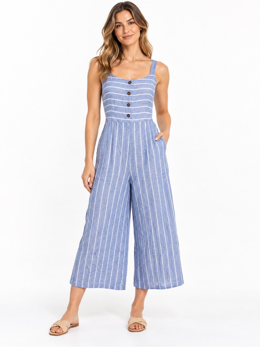 C & C California Linen Blue Stripe Button-Front Wide Leg Coastal Jumpsuit Sz. 12